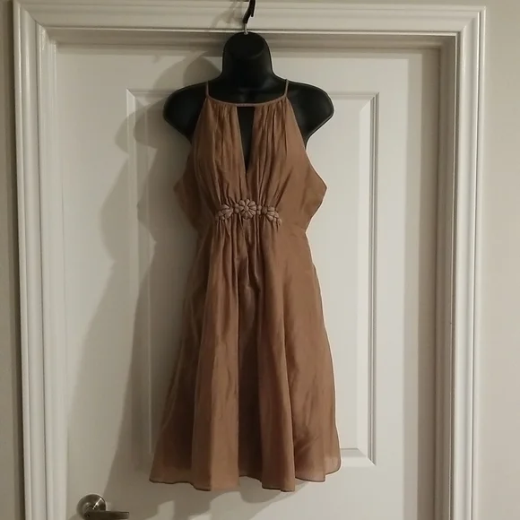 brown silk high neck dress Lapointe Cinder Satin Drape Neck Sleeveless Midi Dress